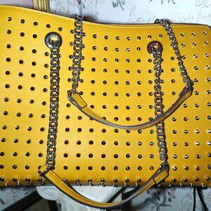 Carlos Santana Large Yellow Tote Purse Bag Studded Chain